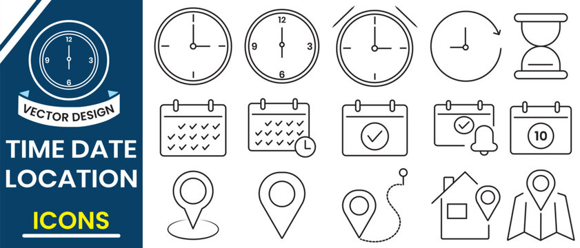 Time, date and location editable stroke outline icons set design. Location, Calendar, Containing hourglass, pin, stopwatch, Clock vector, silhouette design for app, logo, website. Vector illustration.