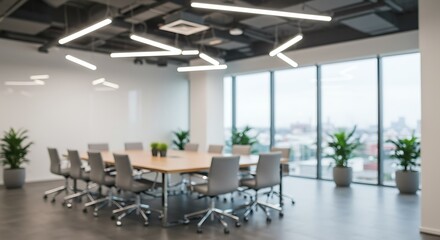 A bright conference room with a large table chairs plants and modern lighting fixtures overhead