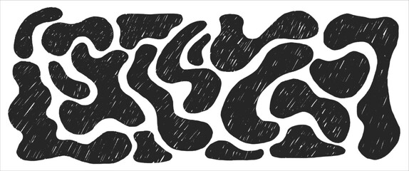 Dynamic abstract shapes black and white vector illustration, doodle. Hand drawn geometric flowing shapes in charcoal. Black shapes drawn in crayon