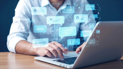 A person using a laptop with digital chat bubbles floating above, representing online communication and technology.
