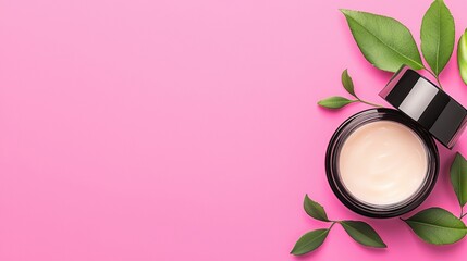A jar of cream with a black lid and green leaves is shown on a pink background.