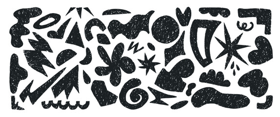 Dynamic and abstract shapes in black create this vector illustration, ideal for modern designs. Hand drawn primitive shapes in charcoal. Black shapes drawn in crayon