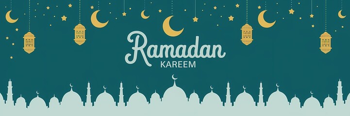 Festive vibrant Ramadan design featuring glowing lanterns crescent moons sparkling stars mosque silhouettes on rich teal background with elegant white Ramadan Kareem typography celebrating holy month