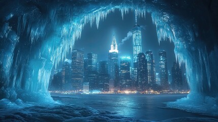 Obraz premium Icy Crystal Cave with a Majestic Cityscape View 