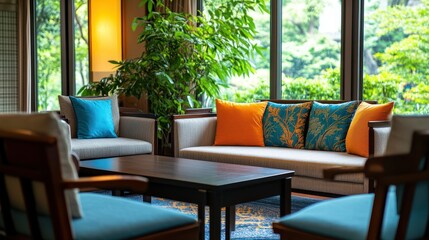 Fototapeta premium Bright pillows accent living area with green foliage