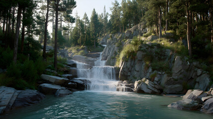 Natural waterfall cascading over rocky terrain in a serene forest setting at midday