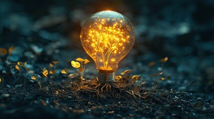 Illuminated Bulb Rooted in Soil with Glowing Effect 