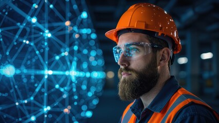 A construction worker in a hard hat and safety glasses stands contemplatively beside a digital network graphic, symbolizing technology in the industry.