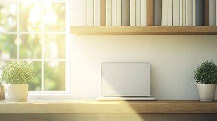 Fototapeta premium Bright workspace with laptop, books, and greenery