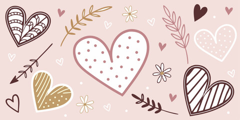 Seamless romantic heart pattern with arrows leaves and hand drawn decorative elements on soft pink