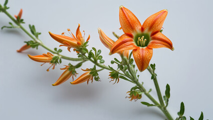 Elegant orange zauschneria californica flower blossom with buds and green foliage