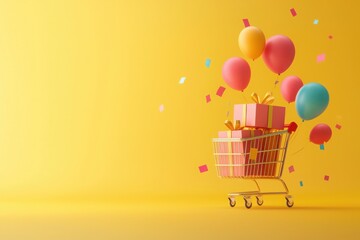 Cheerful checkout celebration colorful shopping cart with gifts festive atmosphere vibrant environment joyful viewpoint fun concept