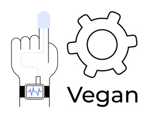 Finger wearing heart rate monitor alongside gear symbol and Vegan caption. Ideal for health, technology, fitness, ethics, diet, innovation, modern lifestyle. Simple flat metaphor
