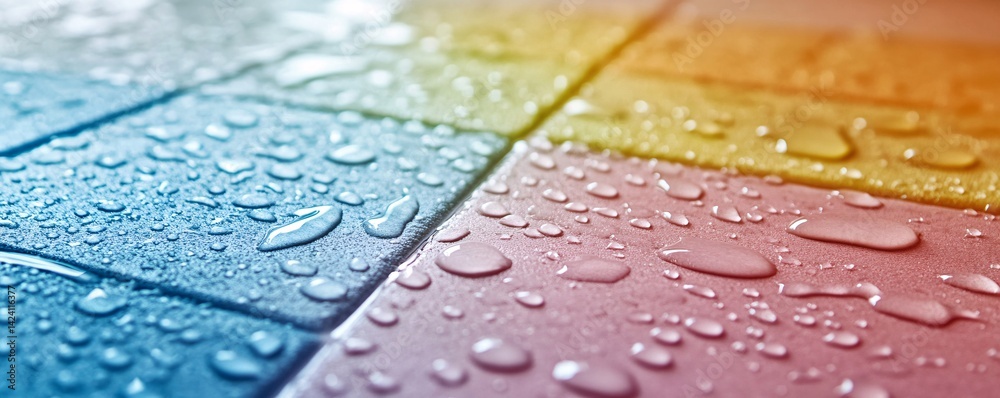 Poster colorful tiles surface with shallow depth of field capturing water droplets forming