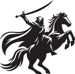 Silhouette of Medieval Warrior on Horse with Sword – Vector Art