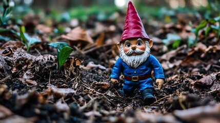 Whimsical Garden Gnome Surrounded by Autumn Leaves in Forest