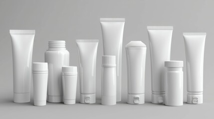 A collection of cosmetic products in tubes and bottles.