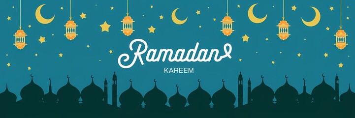 Festive vibrant Ramadan design featuring glowing lanterns crescent moons sparkling stars mosque silhouettes on rich teal background with elegant white Ramadan Kareem typography celebrating holy month