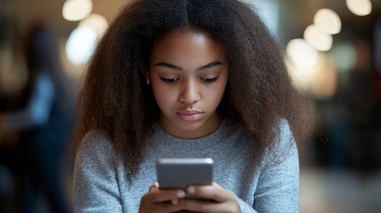 Concerned young lady checking distressing updates on her phone at a coffee shop