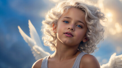 Blond curly angel with white wings against blue sky