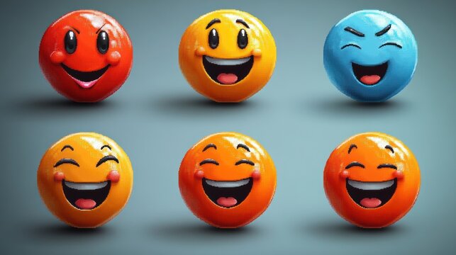 Six vibrant spheres express a range of joyful emotions against a simple background