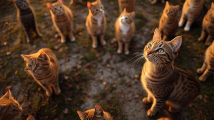 Fototapeta premium Curious cats gather in the fading light, their eyes reflecting the beauty of dusk