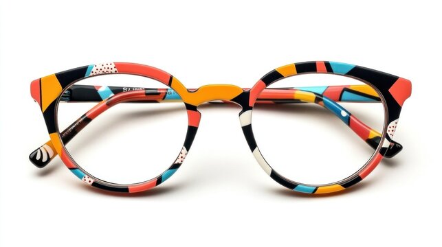 Colorful round eyeglasses with a vibrant, geometric pattern