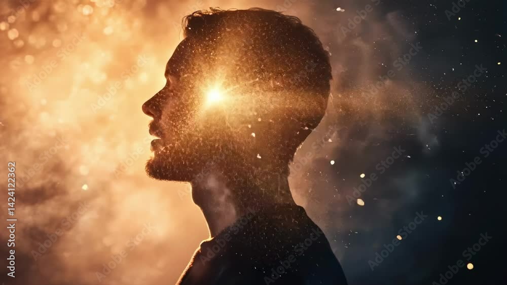 Poster luminous particles radiating from human silhouette, visualizing inner mental energy and profound con
