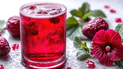 Bright red drink with fizz surrounded by fresh strawberries and hibiscus flowers