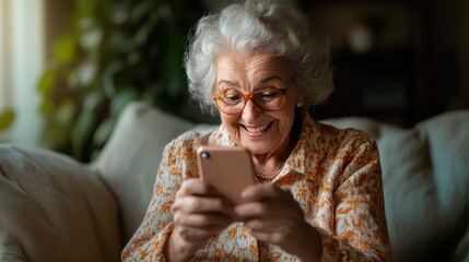 An excited elderly woman using her smartphone at home, showcasing joy and engagement with technology, infused with warmth and personality in a bright and inviting atmosphere.