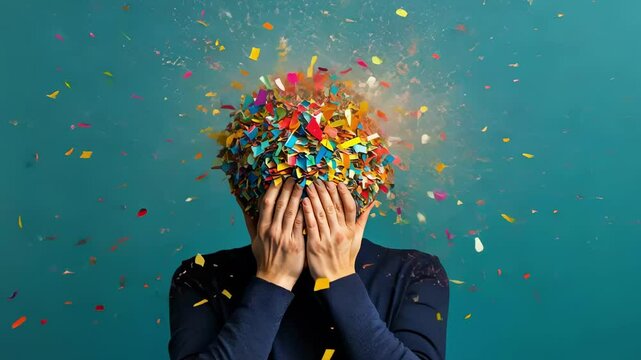 Colorful confetti explodes on a person's head, covering their face and hands as they react to the sudden burst of color and excitement against a vibrant teal background