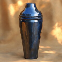 A tall dark ceramic vase reflects warm gold hues and intricate details