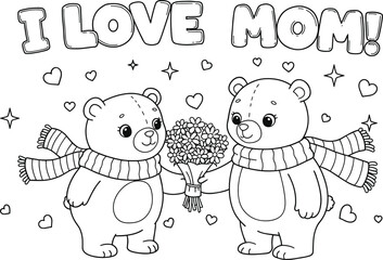 i love you mom coloring page. cartoon bears and hearts