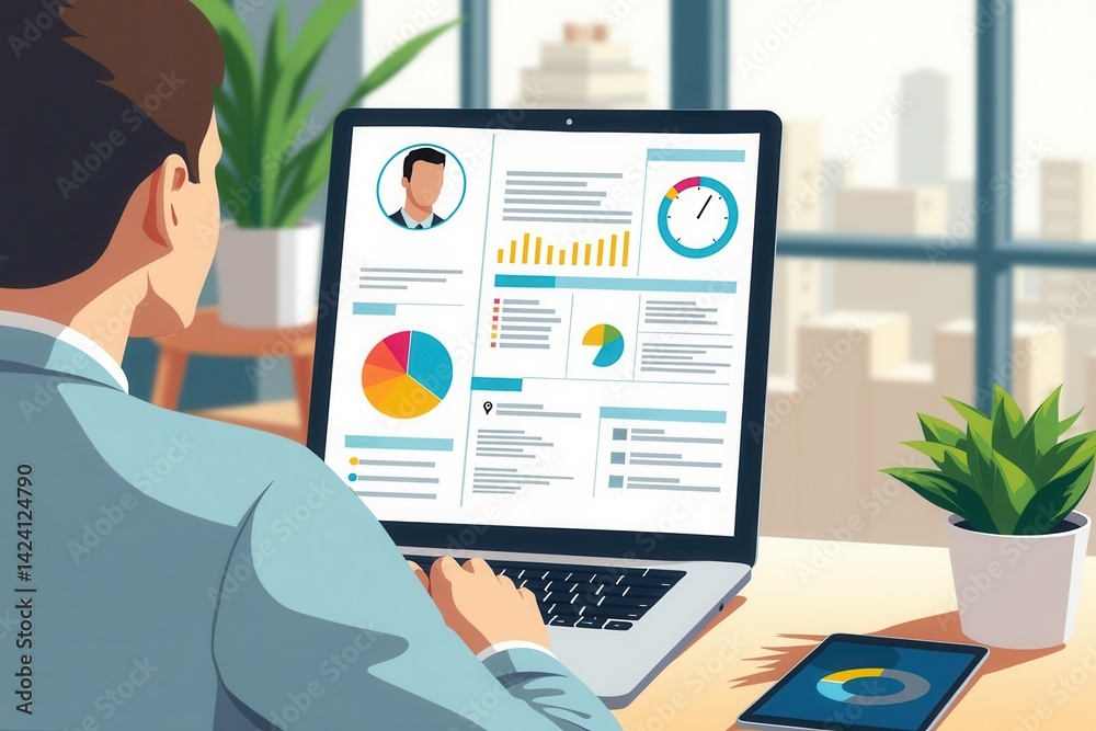 Poster a person analyzes data on a laptop, surrounded by greenery, showcasing charts and statistics in a mo