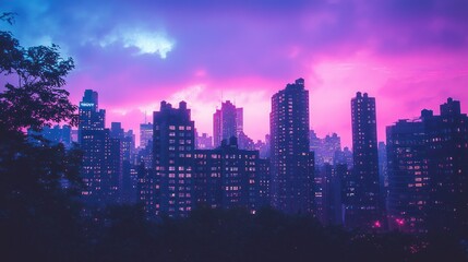 Obraz premium Cityscape under vibrant, colorful sky