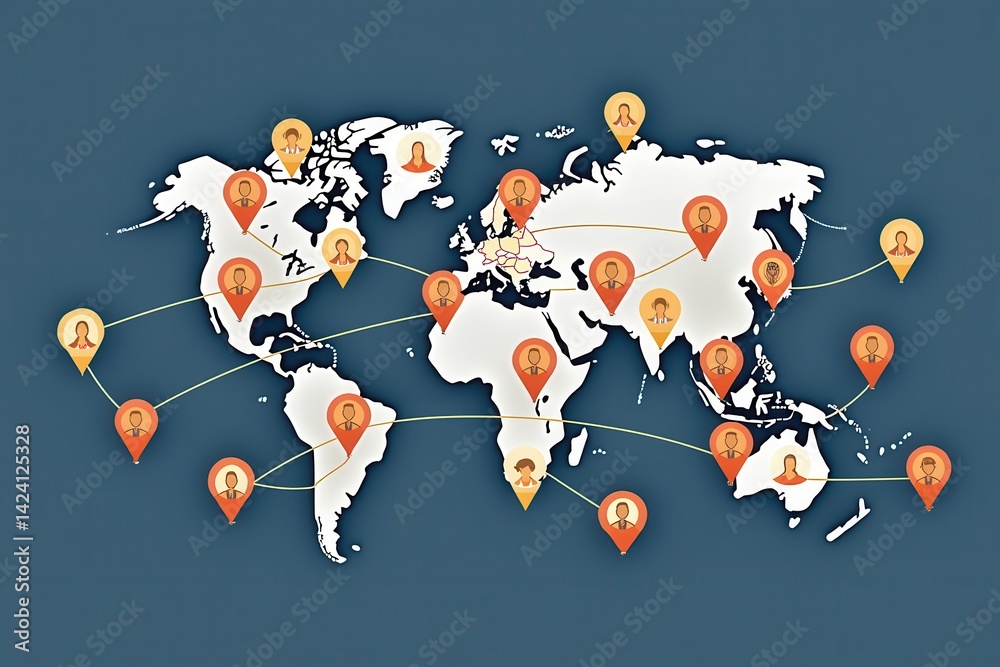 Aufkleber a stylized world map featuring location markers, showcasing global connections and points of interes