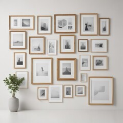 Stylish gallery wall mockup featuring assorted photo frames of different shapes and dimensions against a pristine white backdrop ,  home decor mockup,  interior