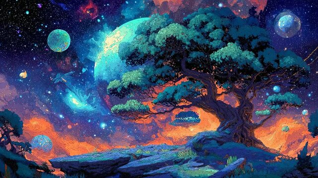Cosmic tree of life on floating island with planets and colorful galaxy background