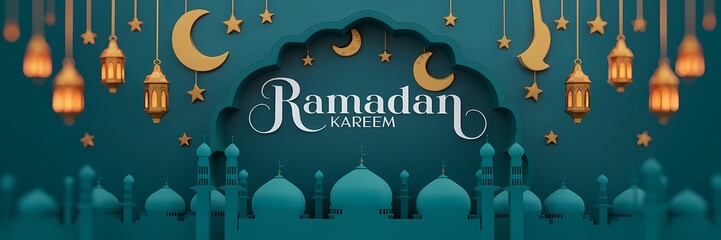 Festive vibrant Ramadan design featuring glowing lanterns crescent moons sparkling stars mosque silhouettes on rich teal background with elegant white Ramadan Kareem typography celebrating holy month