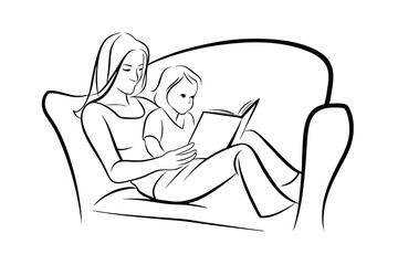 Minimalist line art of mother and daughter reading a book together on a sofa