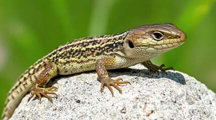 Close-up of a vibrant Dalmatian lizard basking on a sunlit rock, showcasing its intricate pattern and sharp details against a blurred green background.