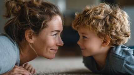 Two individuals share a heartwarming moment on the floor, leaning close while smiling and playing together. Their connection radiates warmth in a cozy living room atmosphere.