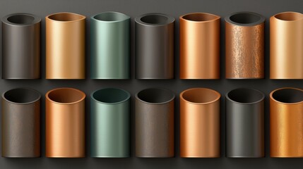 A collection of cylindrical objects in various metallic colors and textures.