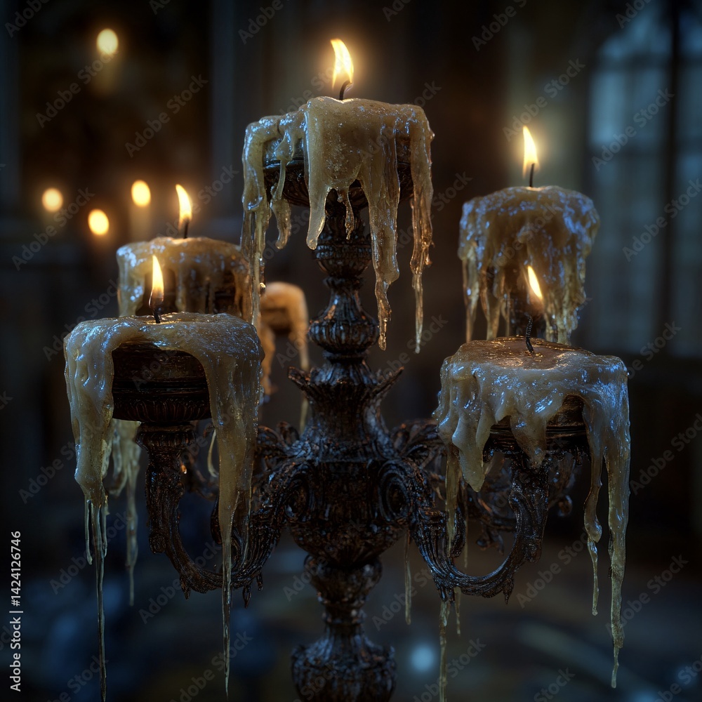 Poster Candelabrum with melting candles burning in the dark creating a spooky and mystical atmosphere