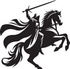 Silhouette of Medieval Warrior on Horse with Sword – Vector Art