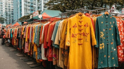 Naklejka premium Clothes rack street market, lined with colorful garments