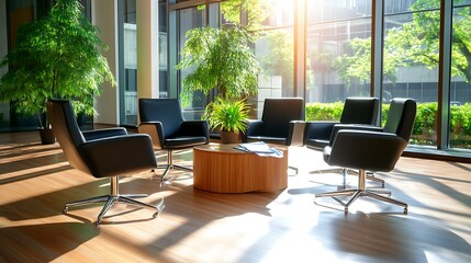 Modern Sunlit Office Lobby with Black Leather Chairs Plants and Wooden Coffee Table