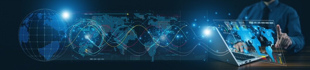 businessman reviews international shipping data on his computer to optimize export operations and...