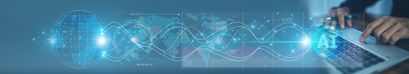 Using AI technology, the businessman monitors real-time shipment data on his computer to ensure smooth export to international customers.