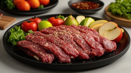 Sliced marinated beef on a black platter with fresh greens and fruits